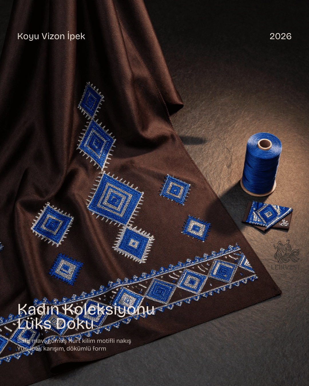 Kilim motif in blue thread on silk