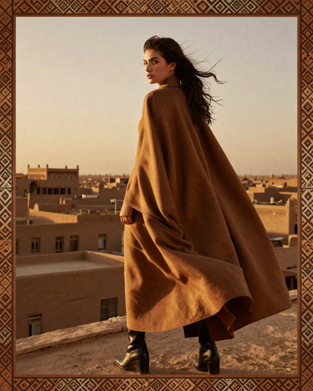 A model in a camel wool cape coat at desert sunset